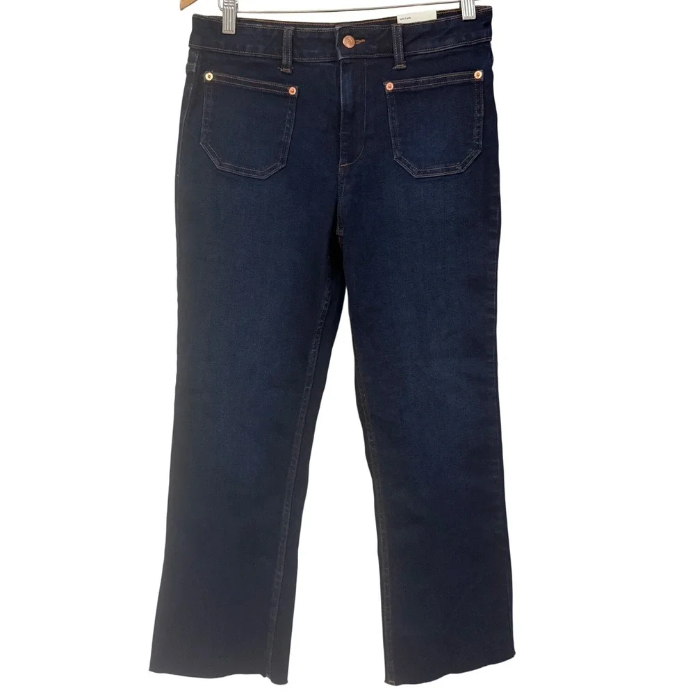 Zara Womens Jean Size 4 Mini Flare High Rise‎ Patch Pockets Dark Wash Ankle NWT